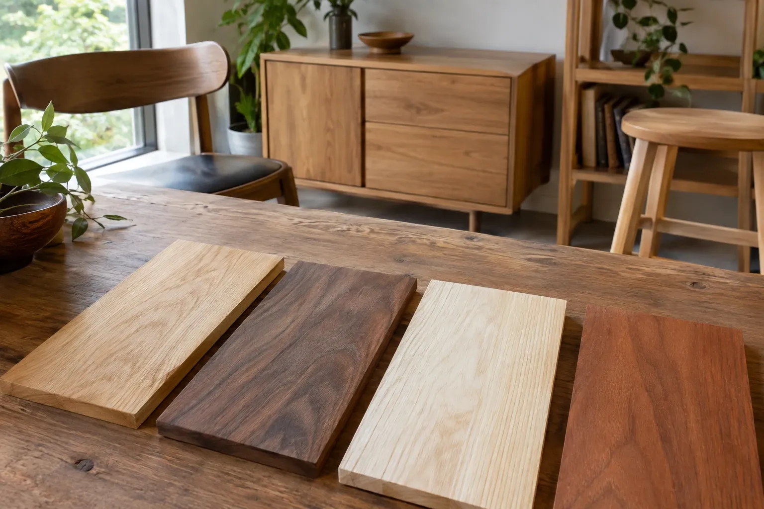 Vier houten plaatmonsters op tafel voorstellingen eiken, noten, essen en mahonie in woonruimte