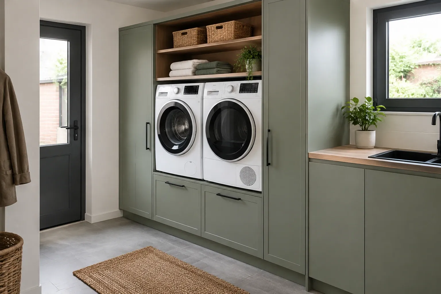 Groene maatwerk kast met vrijstaande wasmachine en droger naast spoelbak en mand