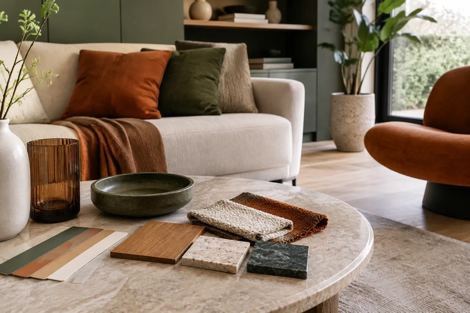 Woonkamertafel met materiaalstalen, stoffen en keramische schaal bij beige bank