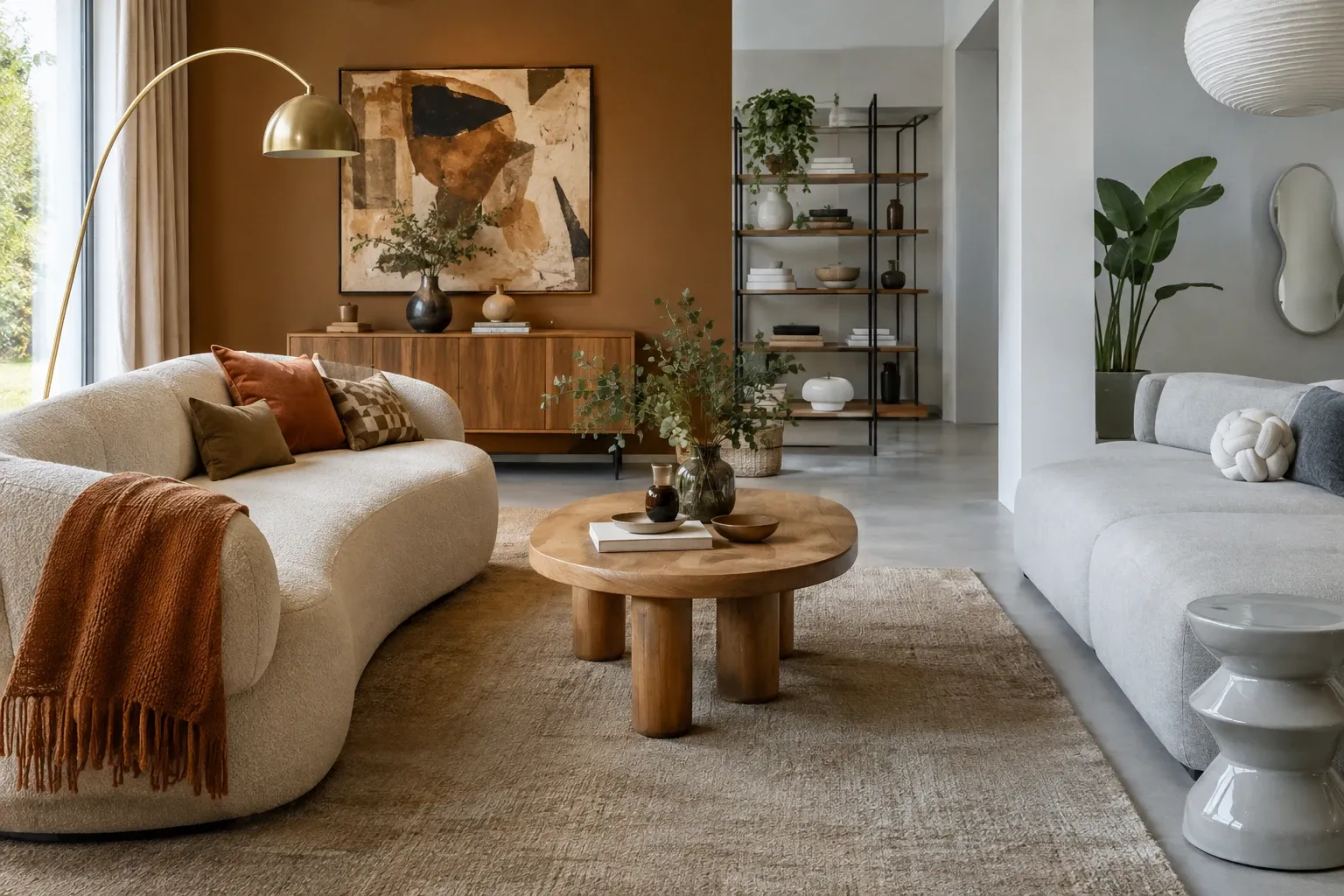 Zacht gebogen banken, houten salontafel, warmbruin wandpaneel en abstract schilderij