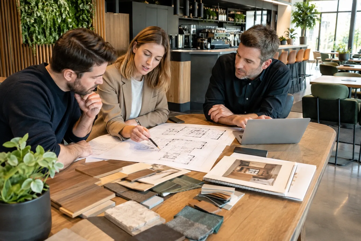 Drie ontwerpers bekijken bouwtekeningen en materiaalstalen aan tafel in moderne horecaomgeving