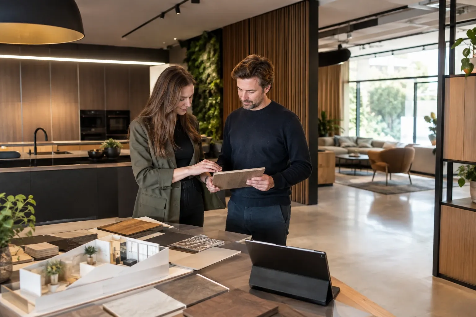 Twee ontwerpers bespreken houten materiaalstalen bij modelwoning en tablet in showroom