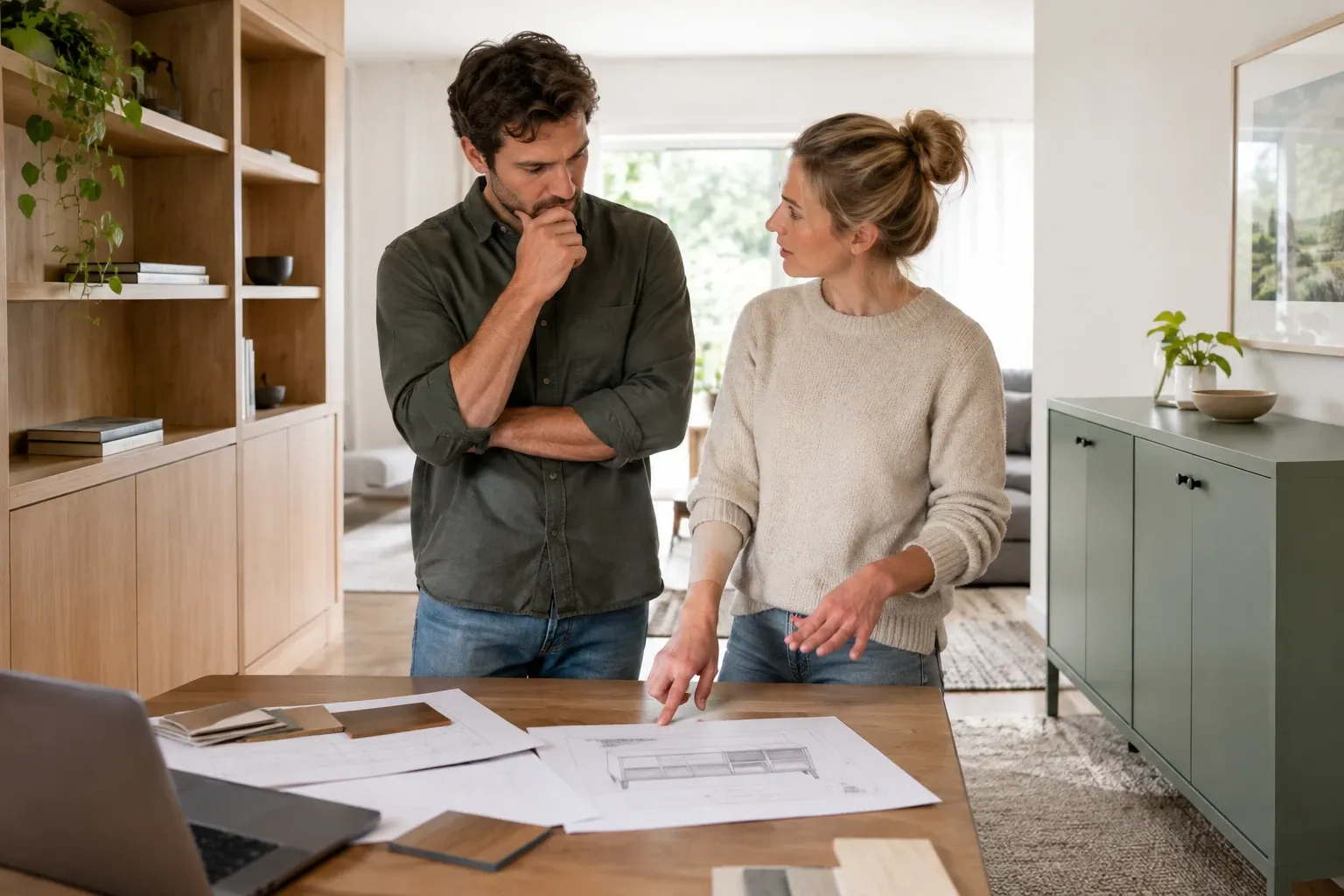 Man en vrouw bespreken houten meubelontwerp aan tafel met tekeningen en samples