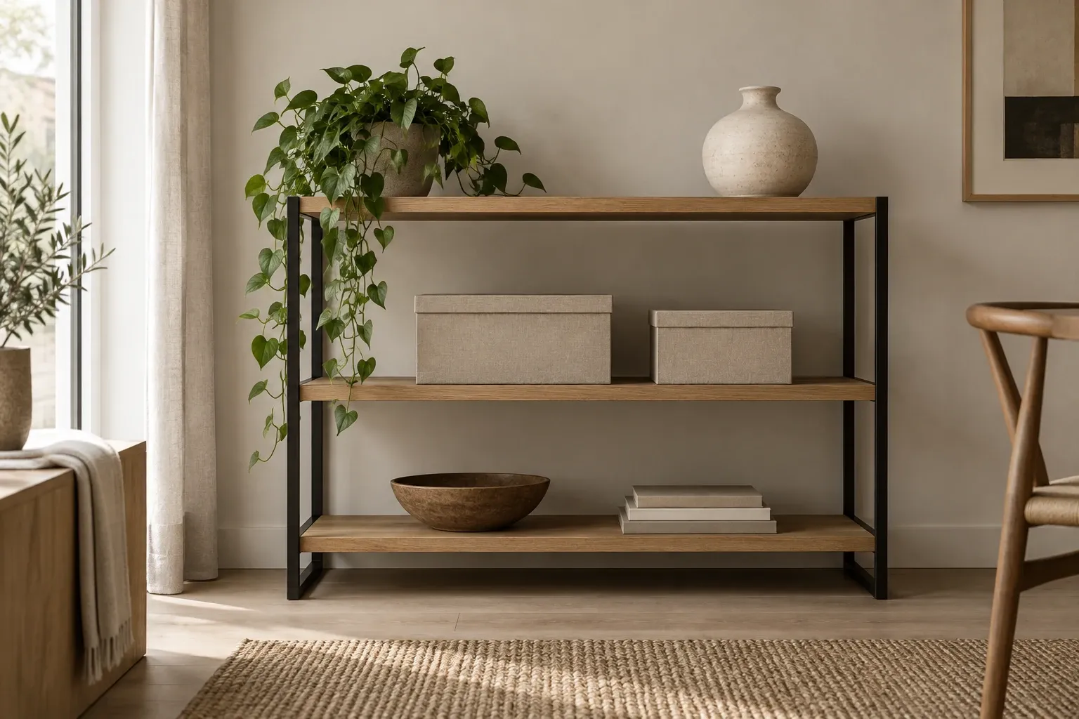 Open metalen en houten stellingkast met planten, opbergdozen, keramische vaas, houten schaal