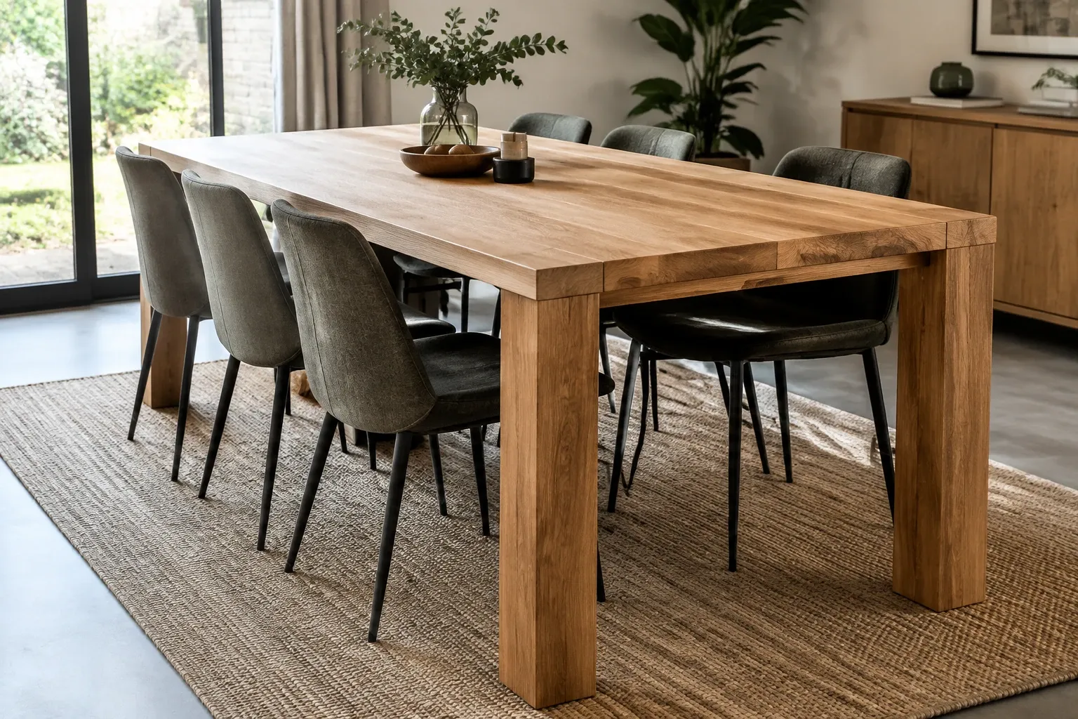 Massief eiken eettafel met dikke blokpoten en zes stoffen stoelen in lichte kamer